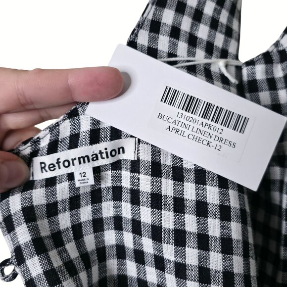Reformation Bucatini April Check Black White Gingham Linen Dress Size‎ 12 NWT - Picture 4 of 11